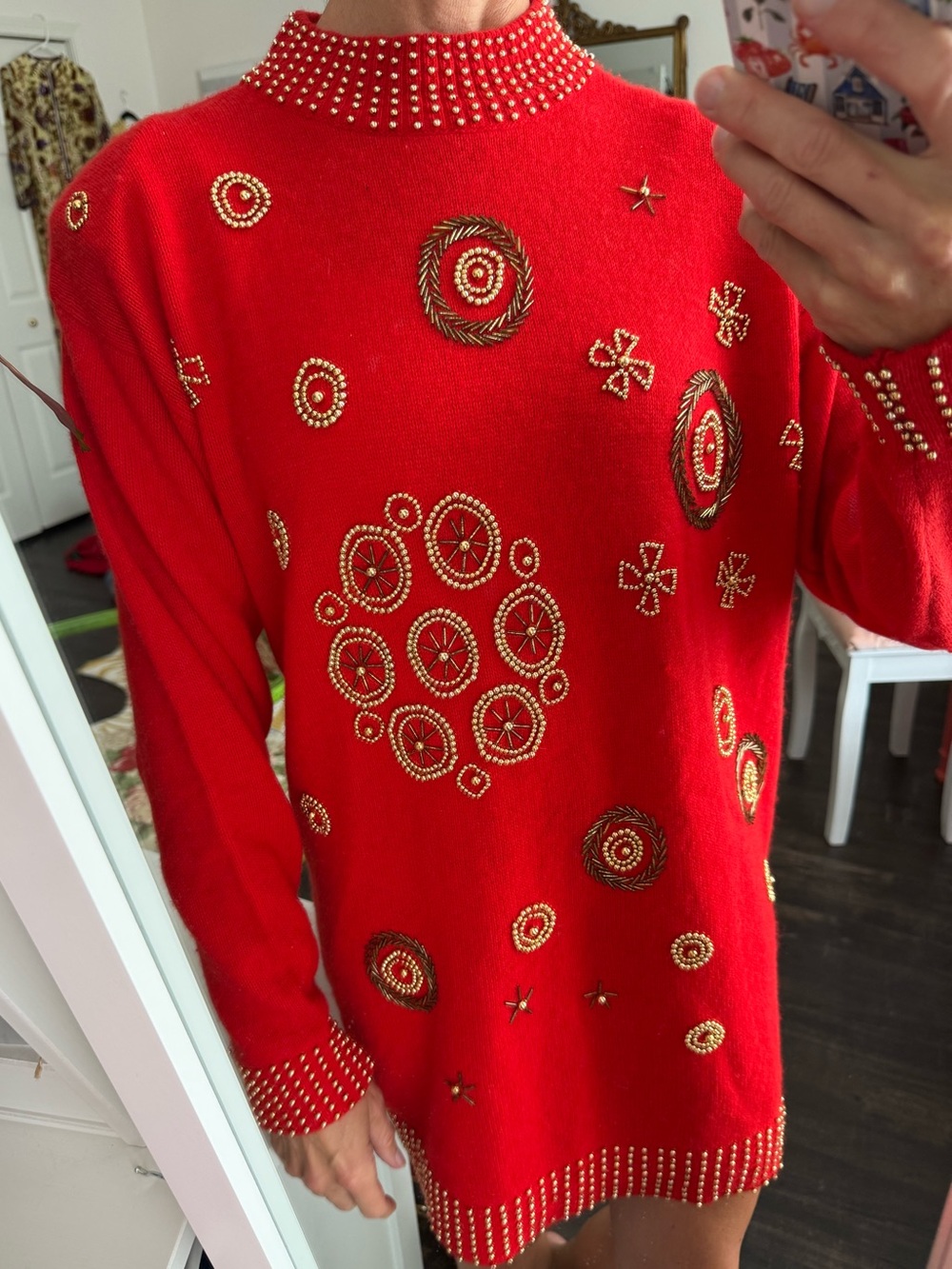 Vintage Red Angora Lambswool Beaded Holiday Sweater Mock Neck L ⭐
